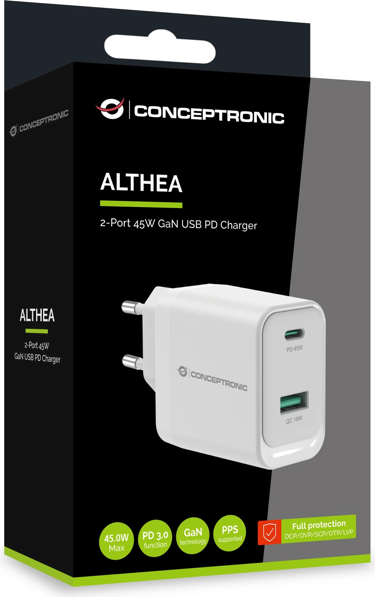 Karikues Conceptronic 2Port GaN USB-C/USB-A 45WPD3.0/PPS i bardhë