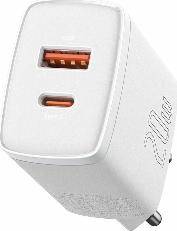 Karikues rrjeti Baseus Compact 6953156207240, 20W, 1x USB-A + 1x USB-C, 3A, PD 3.0/QC 3.0, bardhë