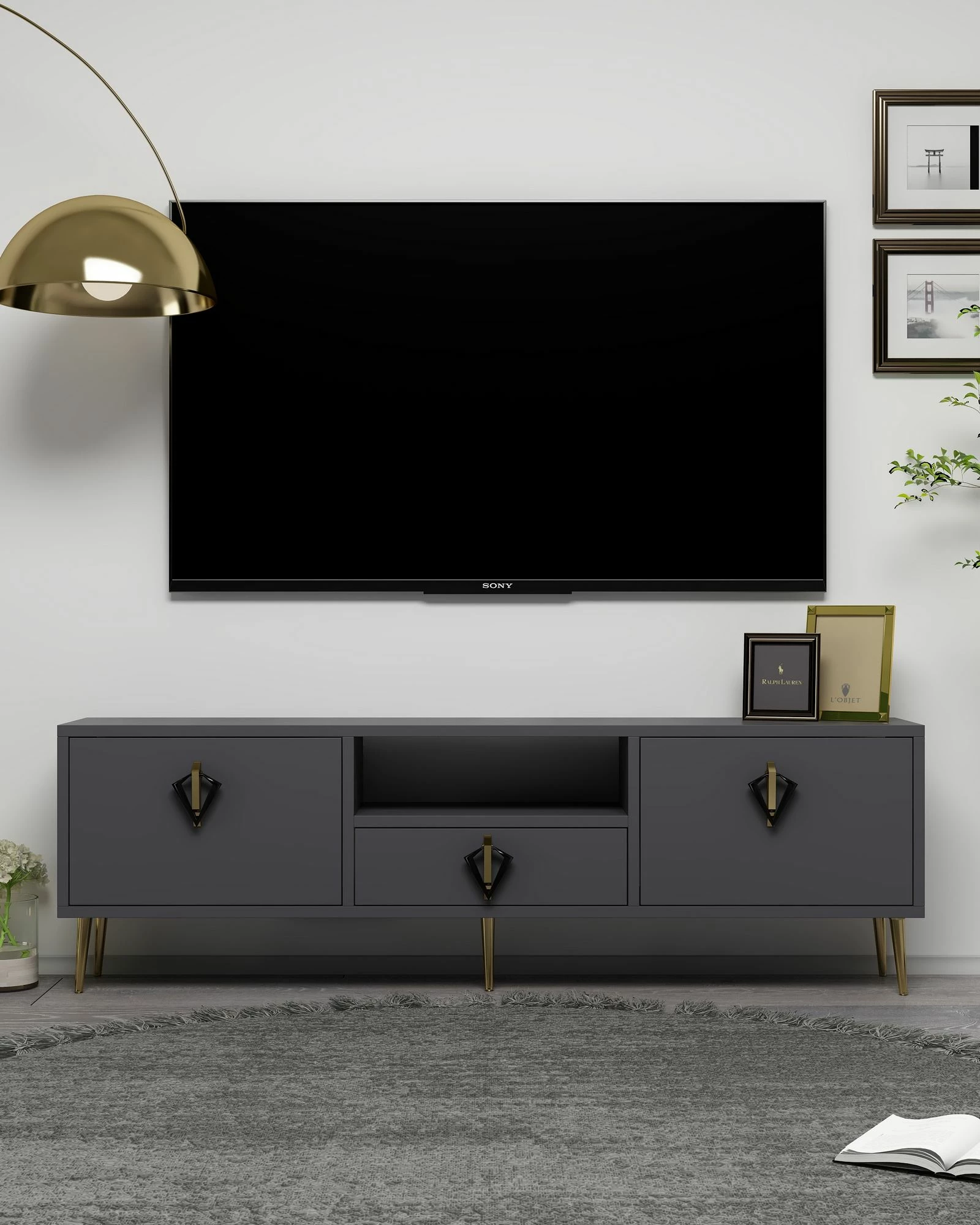Komodë për TV Skye Decor, 1312-DROP-32, antracit, e zezë, e artë