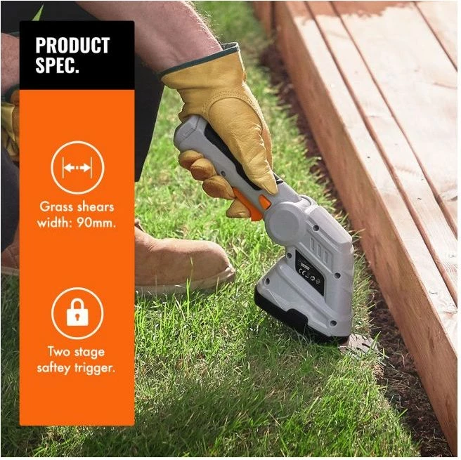 Gërshërë pa kabllo për gardh dhe bar VONHAUS 2500257 2-në-1, teh 170 mm + 90 mm, dorezë teleskopike 85–113 cm, gri/portokalli