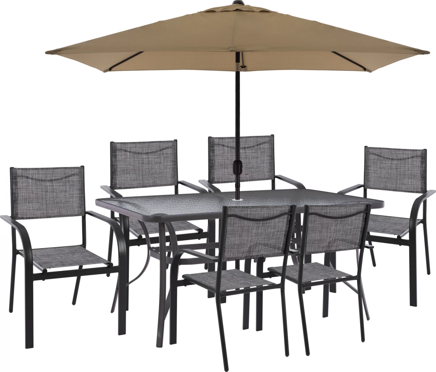 Set për terasë me ombrellë, 8 pjesë, tavolinë gri 150x90 dhe karrige me krahë, FH11533.02