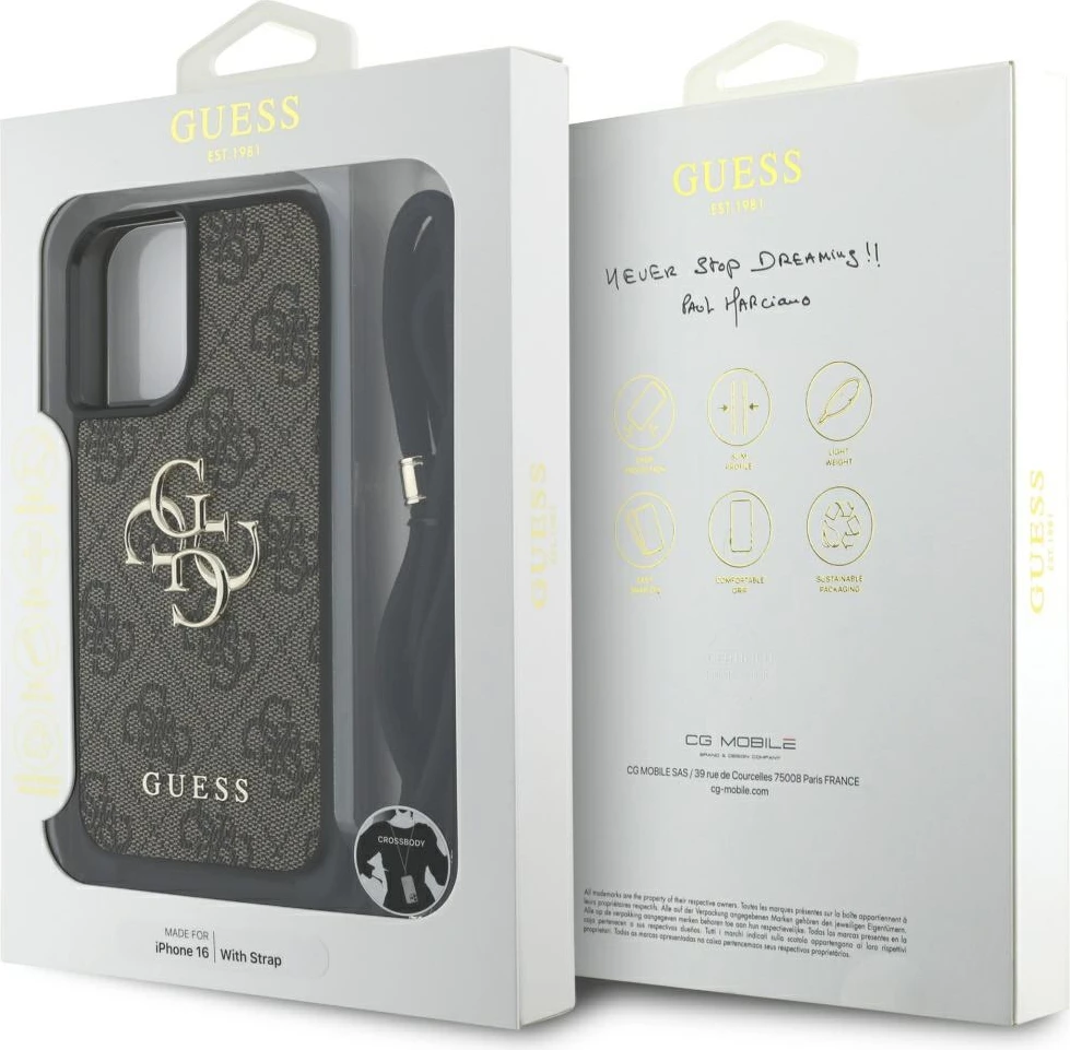 Mbështjellës Guess 4G Big Logo Cord Stap Crossbody për iPhone 16, Kafe