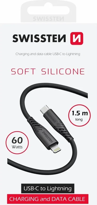 Kabllo karikuese USB-C në Lightning Swissten, 60W, 1.5m, e zezë