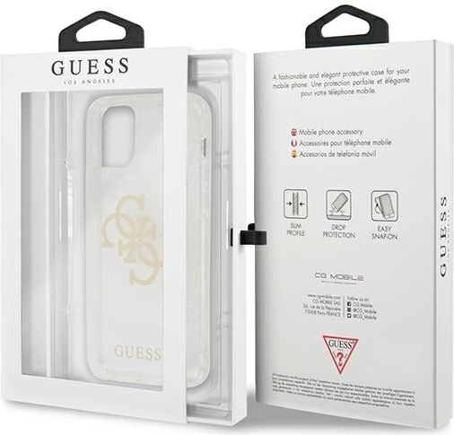 Mbështjellës Guess GUHCP12LPCUGL4GTR për iPhone 12 Pro Max 6.7", transparent, Glitter 4G Big Logo