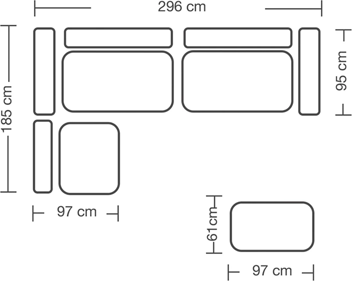 Divan polimorfik London, pëlhurë e çelur gri, jastëkë gri, 296x246x95 cm