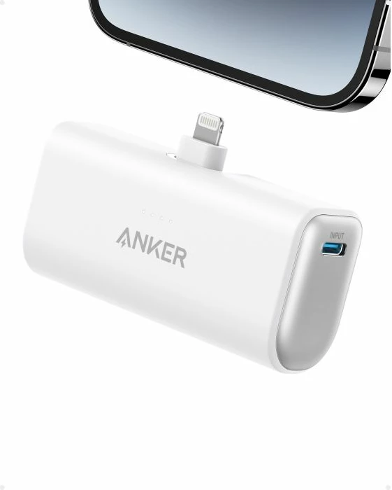 Powerbank Anker Nano 621 5000 mAh 12W me Lightning të integrum, i bardhë, me kabllo USB-C në USB-C 60 cm