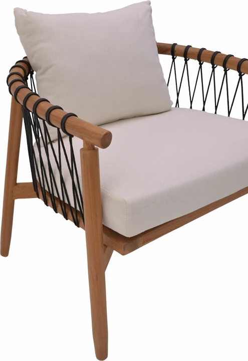 Karrige për kopsht Haibo dru teak natyral-litar i zi-jastëk i bardhë 80x75x72cm