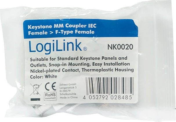 Adapter keystone LogiLink, IEC femër në F-Type femër, i bardhë