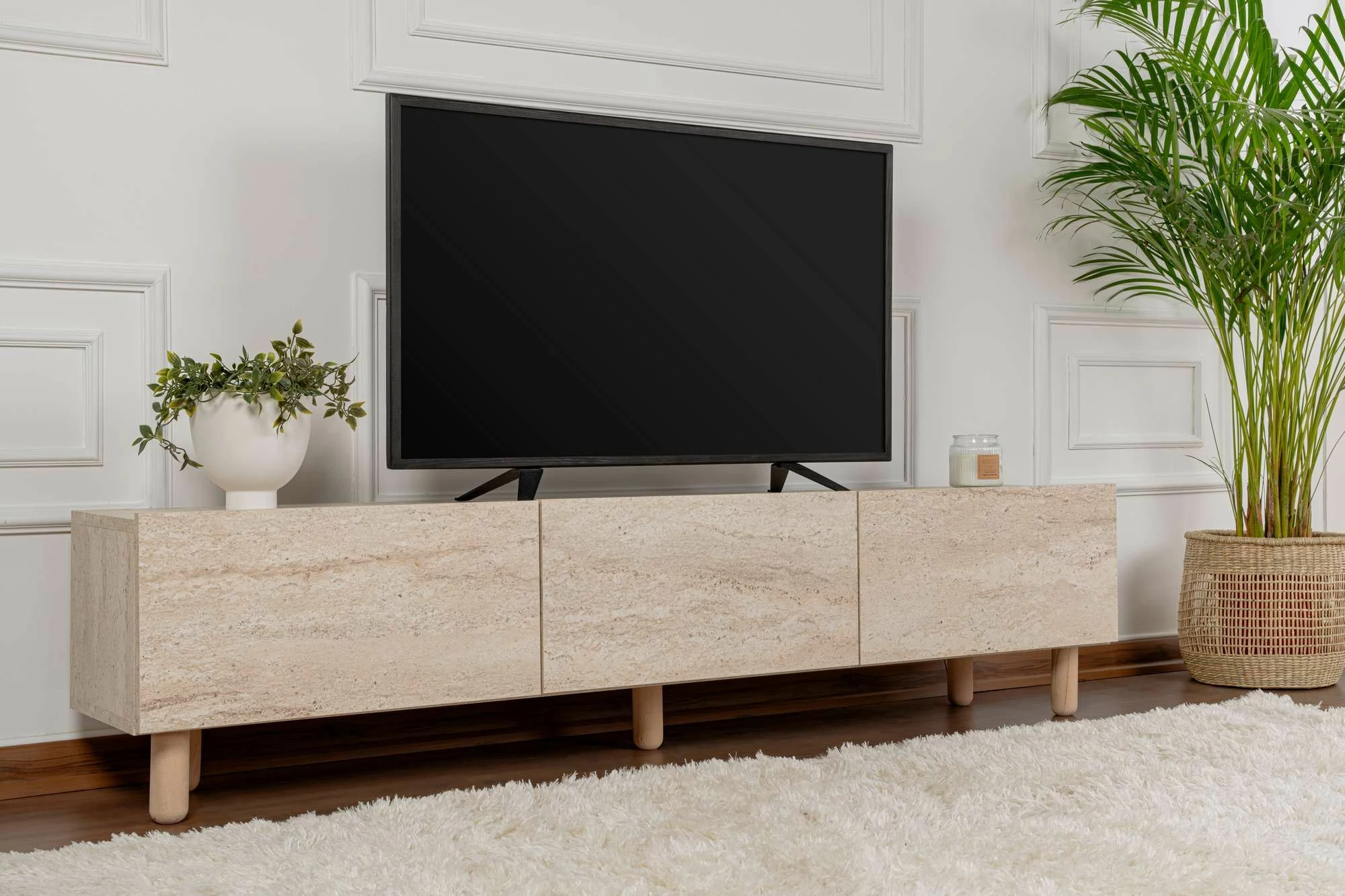 Komodë TV Skye Decor, ngjyrë travertine, Alvin