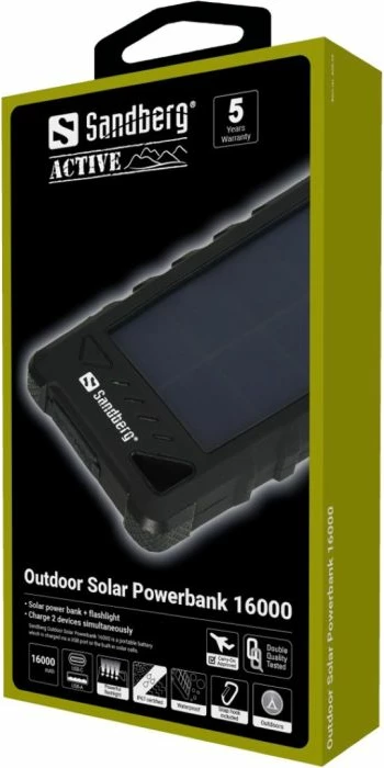 Powerbank solar outdoor Sandberg 420-35, 16000 mAh, IP67, PD 20W, i zi, set me 2 kabllo + karabinë