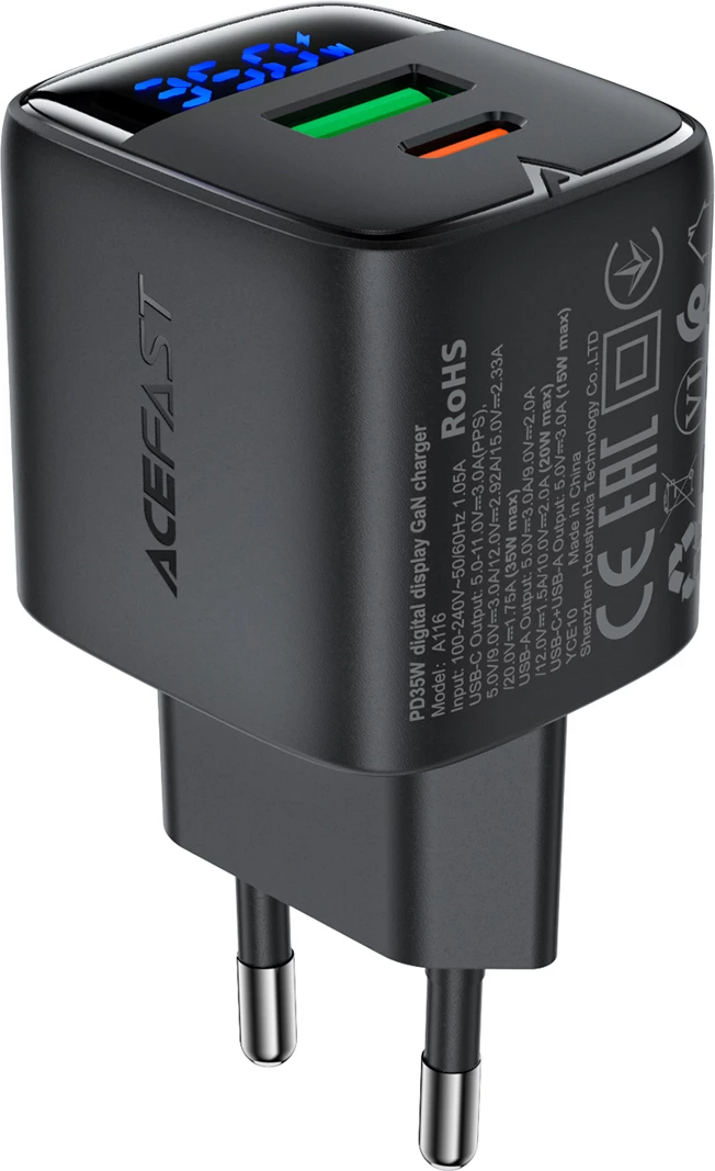 Karikues muri Acefast A116 GaN PD 35W, USB-C + USB-A, me display LED, i zi, në kuti