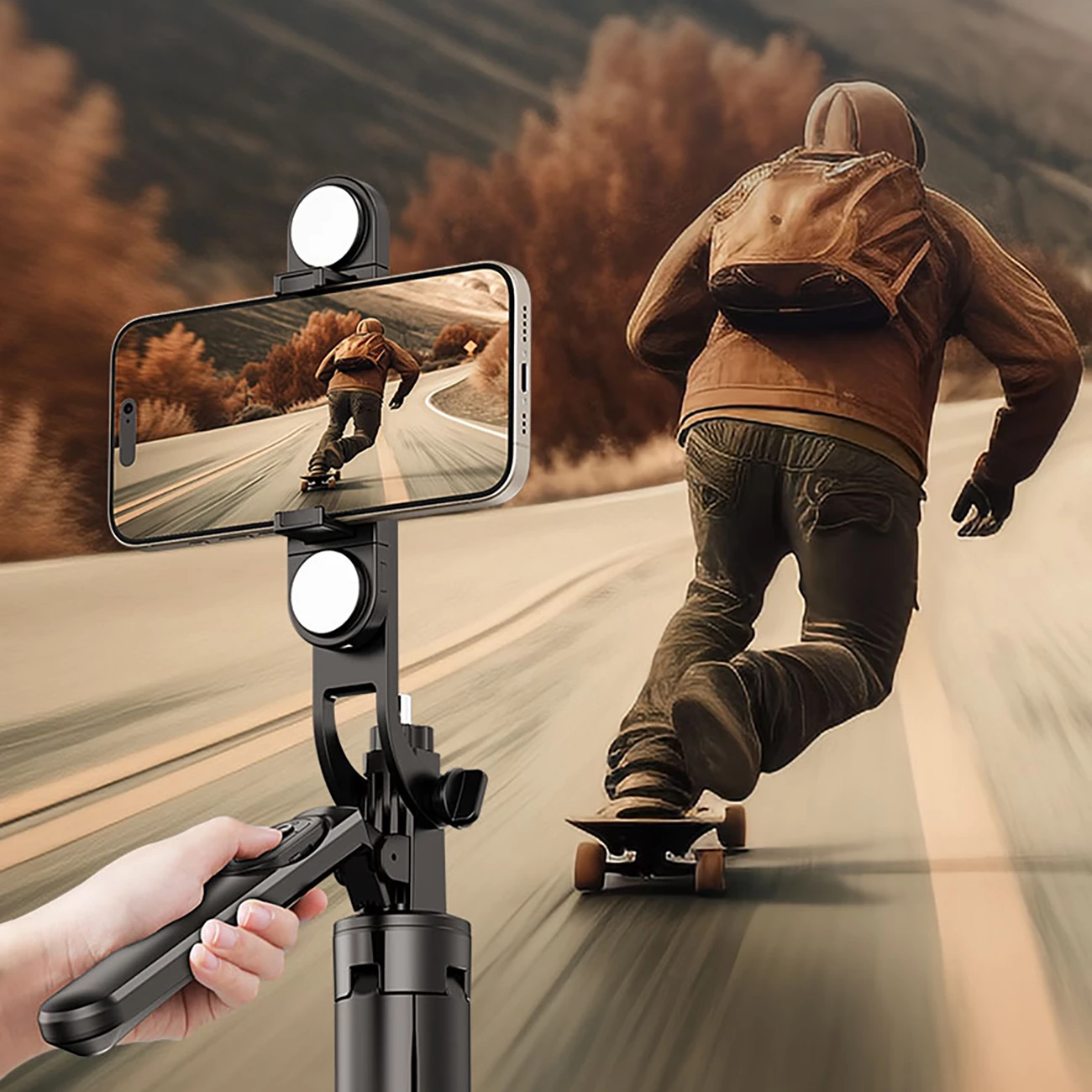 Selfie stick/tripod Wozinsky WH181D-Y1S, 1.75m, me dy llampa LED, mbajtëse telefoni, e zezë