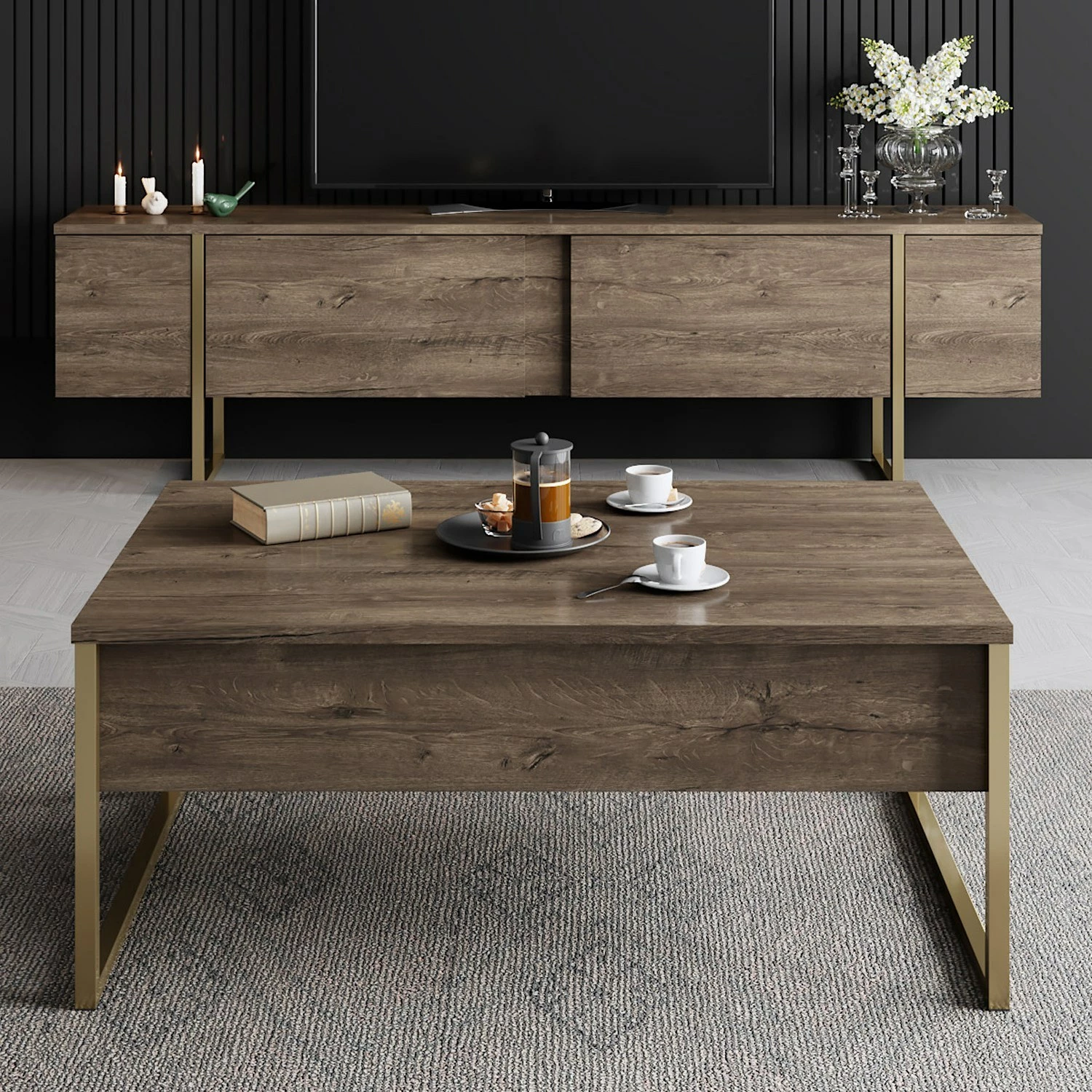 Set mobiljesh për dhomë dite, ngjyrë arre dhe ari, Luxe