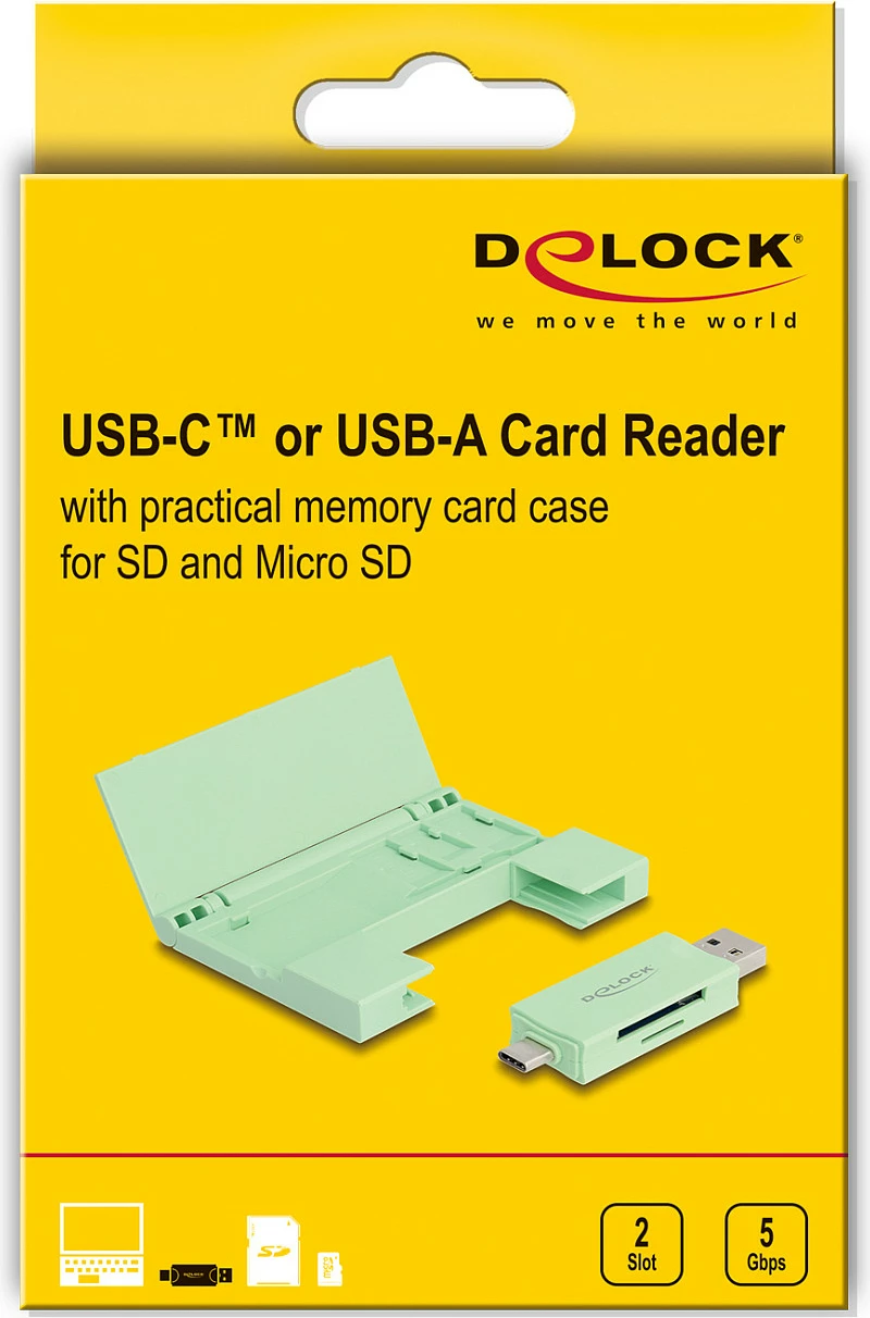 Kartëlexues DeLOCK 91015, USB-A/USB-C, SD/MicroSD/MMC, 5 Gbit/s, mint
