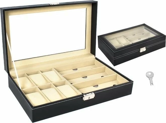 Organizer për ora dhe syze Ikonka 6+3 ndarje, me kyç, 33.5x20.5x8 cm, set me çelës, i zi