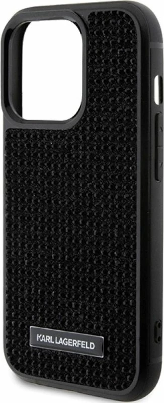 Mbrojtëse telefoni Karl Lagerfeld Rhinestone Logo Metal Plate për iPhone 15 Pro, e zezë