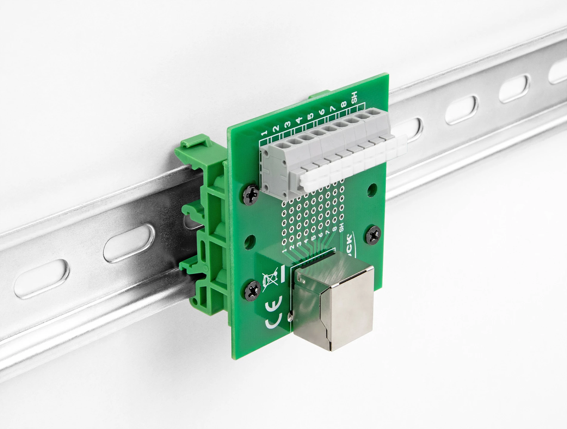Adapter rrjeti DeLOCK RJ45 femër në terminal block me buton, montim DIN rail, AWG 24-12, gjelbër/gri