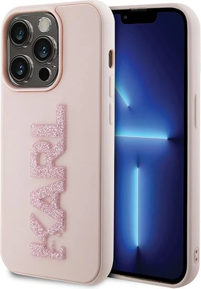 Mbështjellës Karl Lagerfeld 3D Rubber Glitter Logo për iPhone 15 Pro Max, rozë