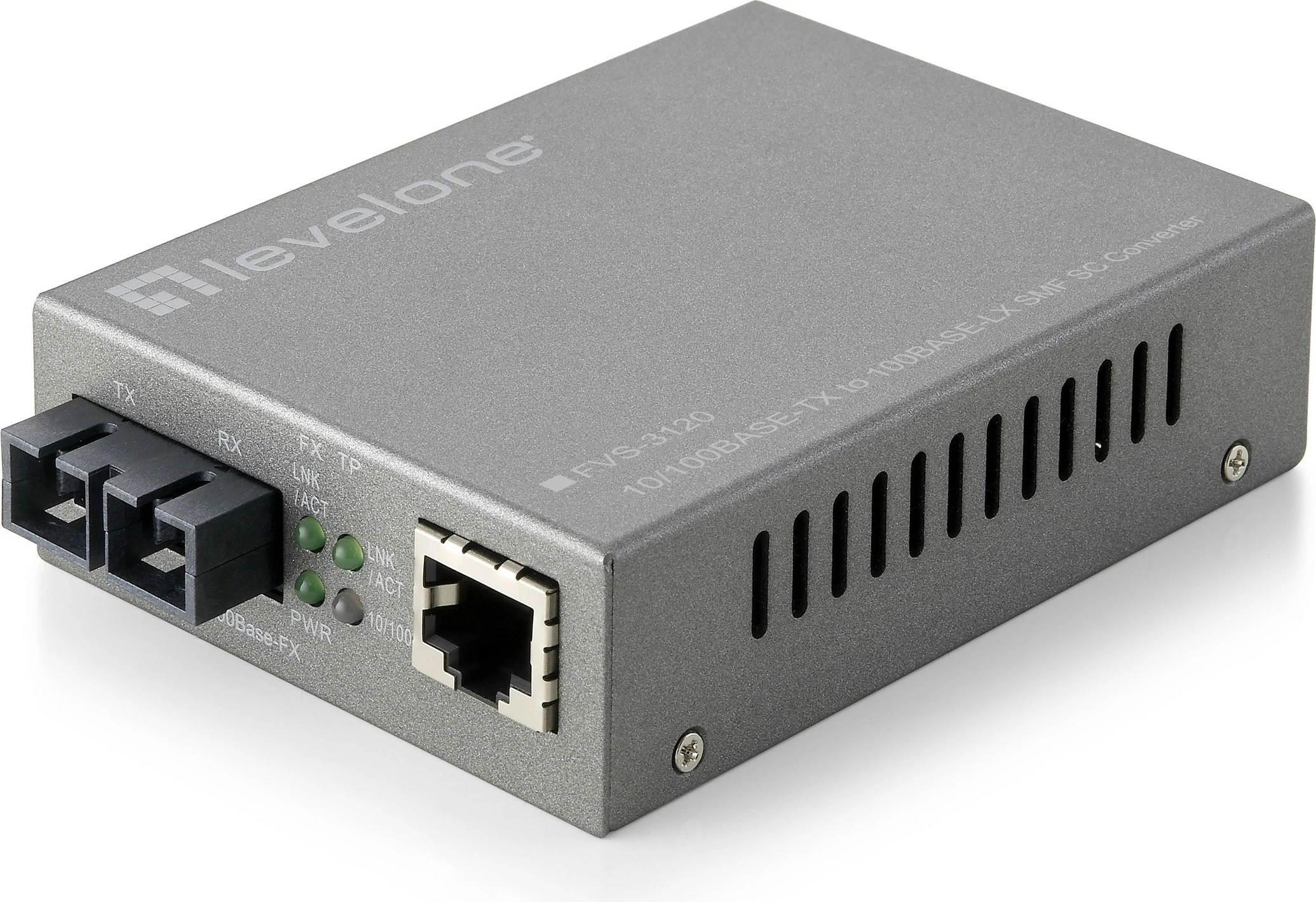 Konvertues media LevelOne RJ45 në SC, Fast Ethernet, Single-Mode Fiber, 20km, Gri