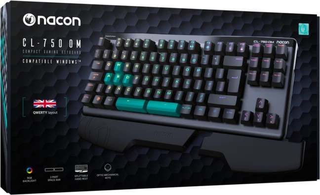 Tipkovnicë gaming Nacon CL-7500MUK, mekanike optike (blue switch), me kabllo, RGB, tournament, e zezë