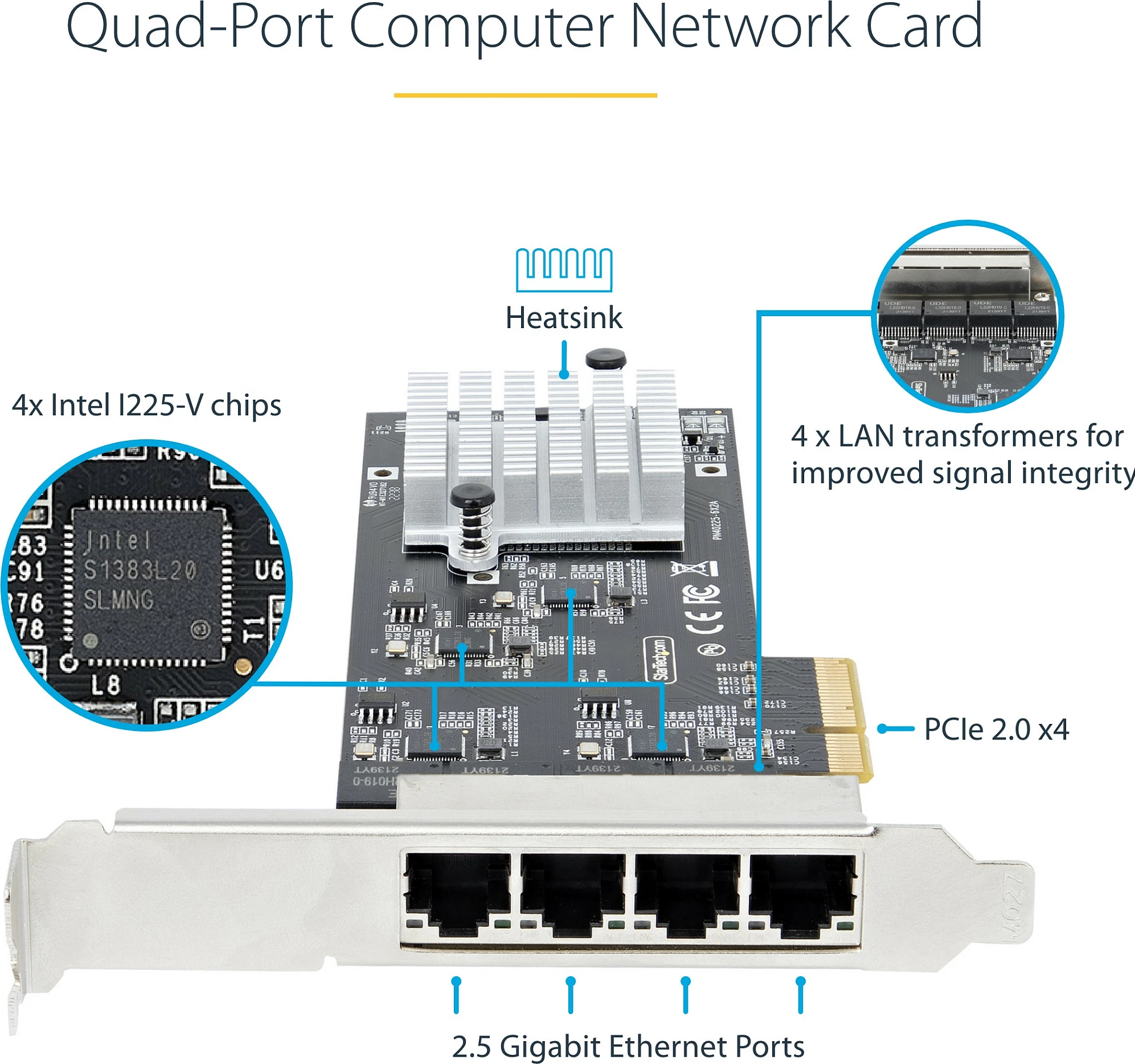 Kartelë rrjeti PCIe StarTech Intel I225-V, 4x RJ-45, 2.5GbE NBASE-T, e brendshme, e zezë