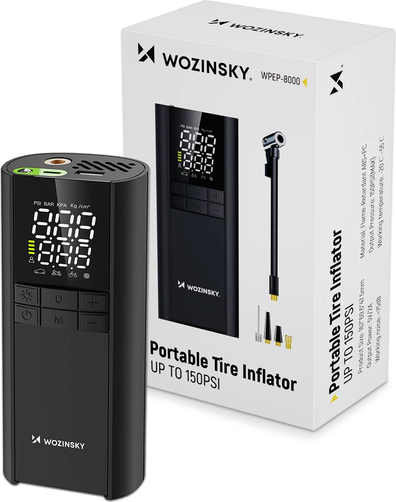 Kompresor elektrik Wozinsky WPEP-8000, power bank 8000 mAh, 150 PSI, USB-C, elektrik dore LED, e zezë