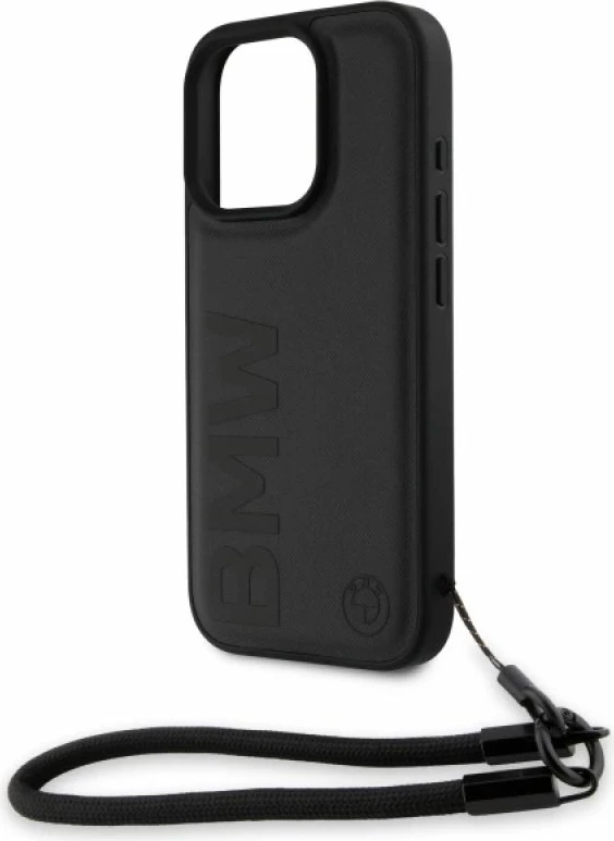 Kuti telefoni BMW Signature Leather Wordmark Cord për iPhone 16 Pro, e zezë