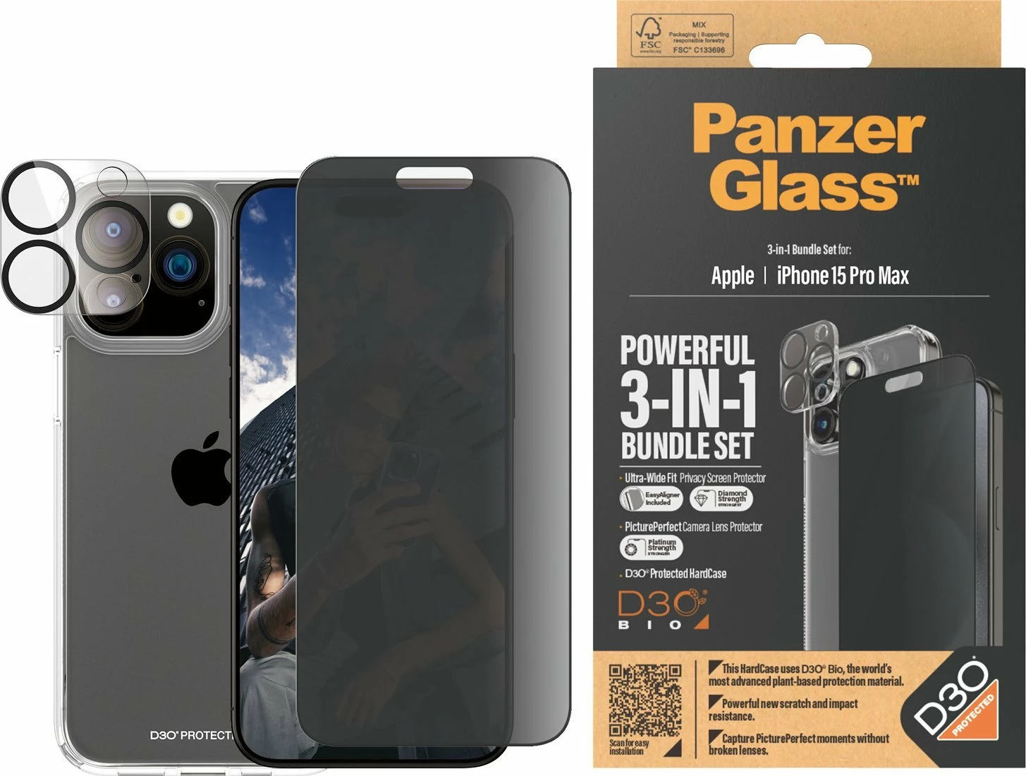 Set mbrojtës 3-në-1 PanzerGlass Privacy për iPhone 15 Pro Max, transparent, paketë 3 pjesë