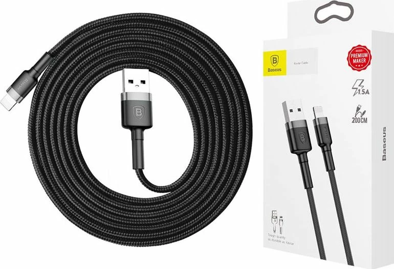 Kabllo USB-A në Lightning Baseus Kevlar 2 m 1.5A USB 2.0 e zezë/gri