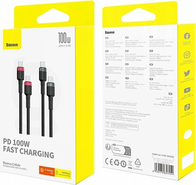 Kabllo USB-C në USB-C Baseus Cafule BSU4887 100W PD 1 m, set 2 copë, e zezë