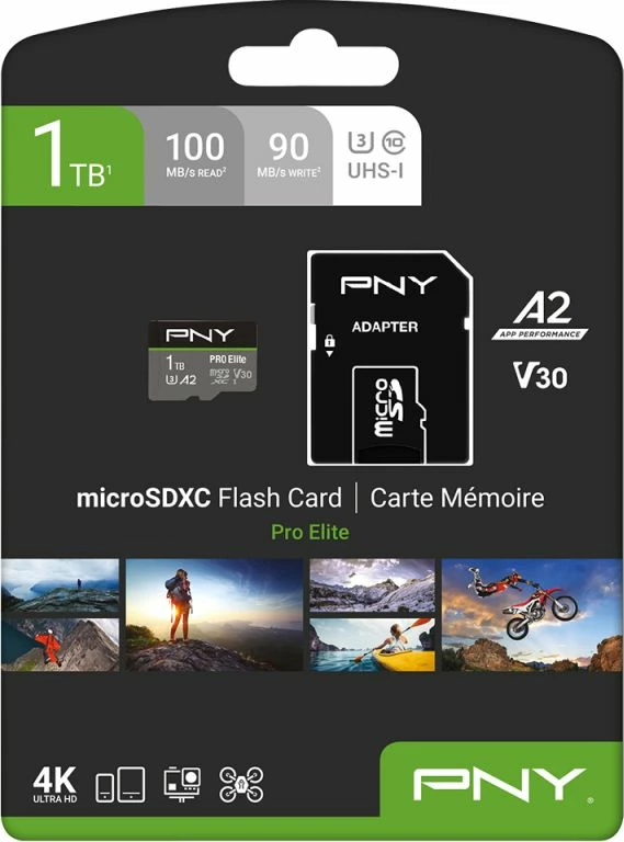Kartë memorie PNY PRO Elite microSDXC 1 TB, Class 10 UHS-I/U3 A2 V30, me adapter (P-SDU1TBV32100PRO-GE)