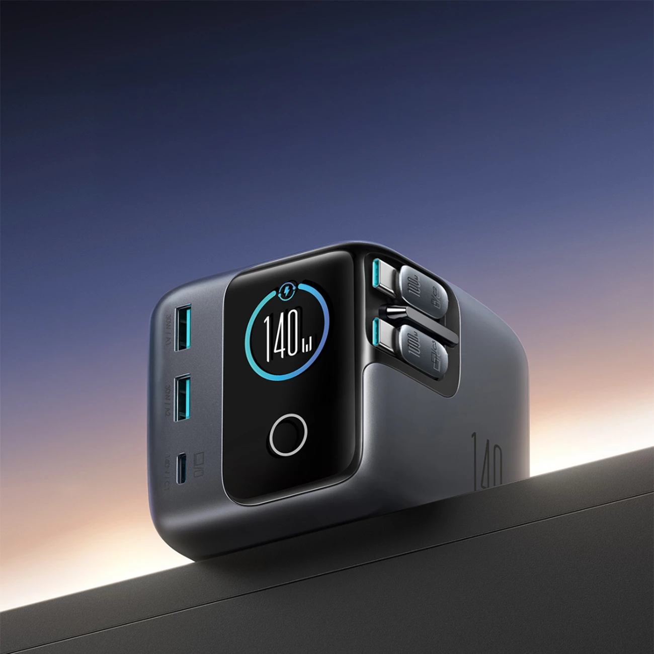 Karikues tavoline GaN, Joyroom Podix JR-TRD01, 140W, 5 porta me dy kabllo USB-C tërheqëse, gri