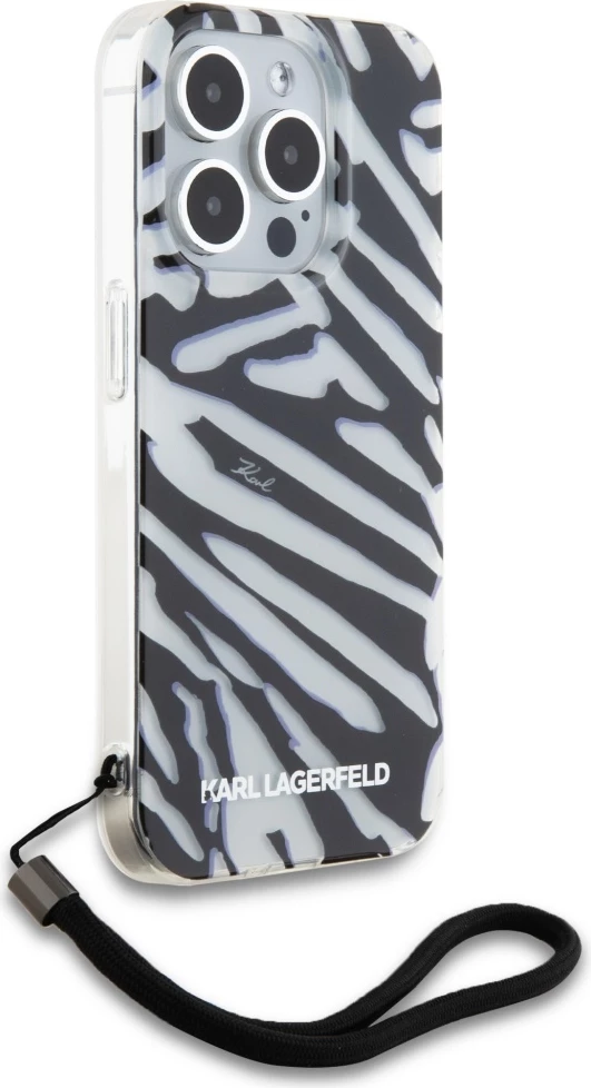 Mbështjellës Karl Lagerfeld IML Zebra Pattern & Cord për iPhone 15 Pro Max, zi