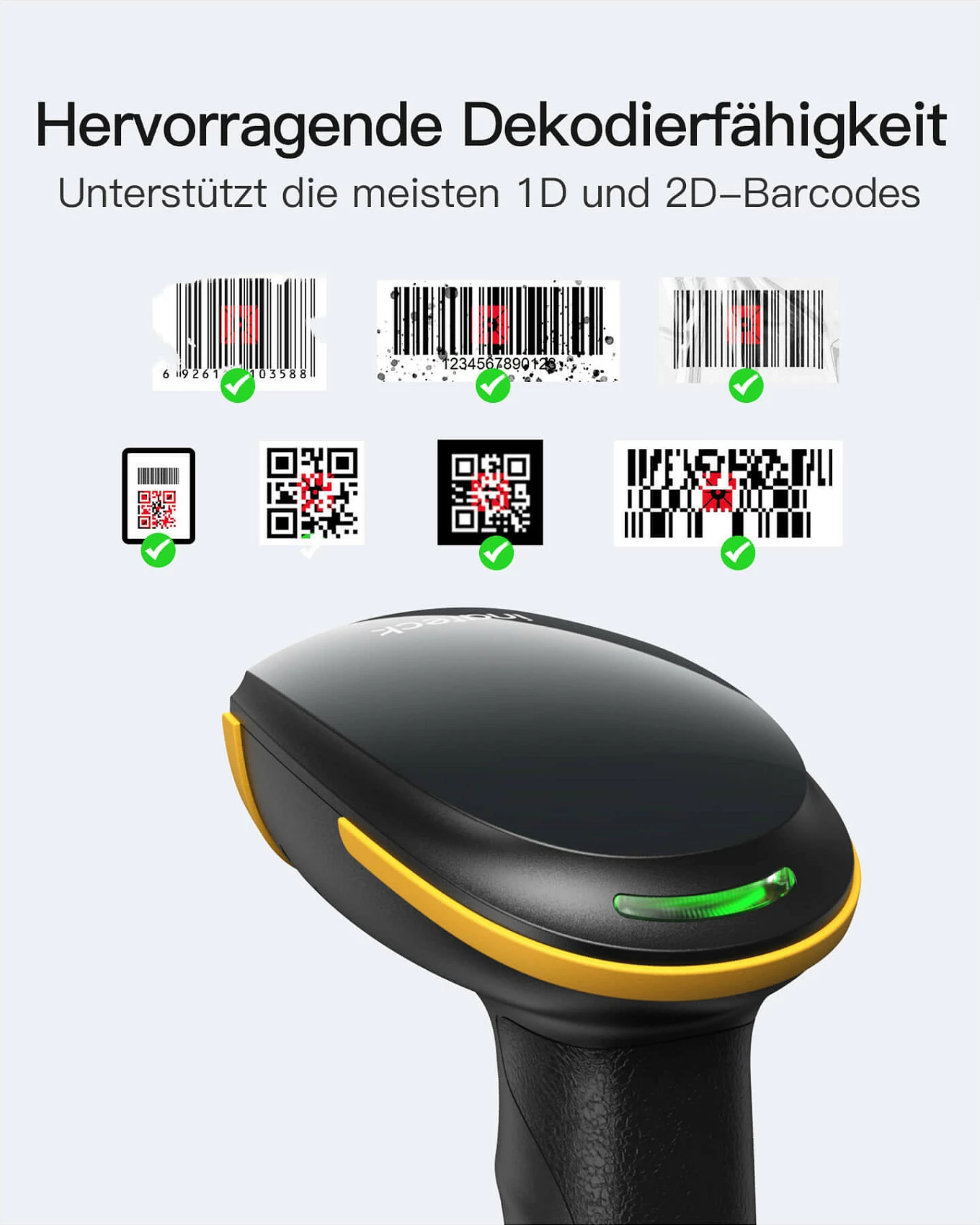 Skaner barkodi Inateck BCST-35, 2D, Bluetooth/USB, 2000mAh, i zi/verdhë