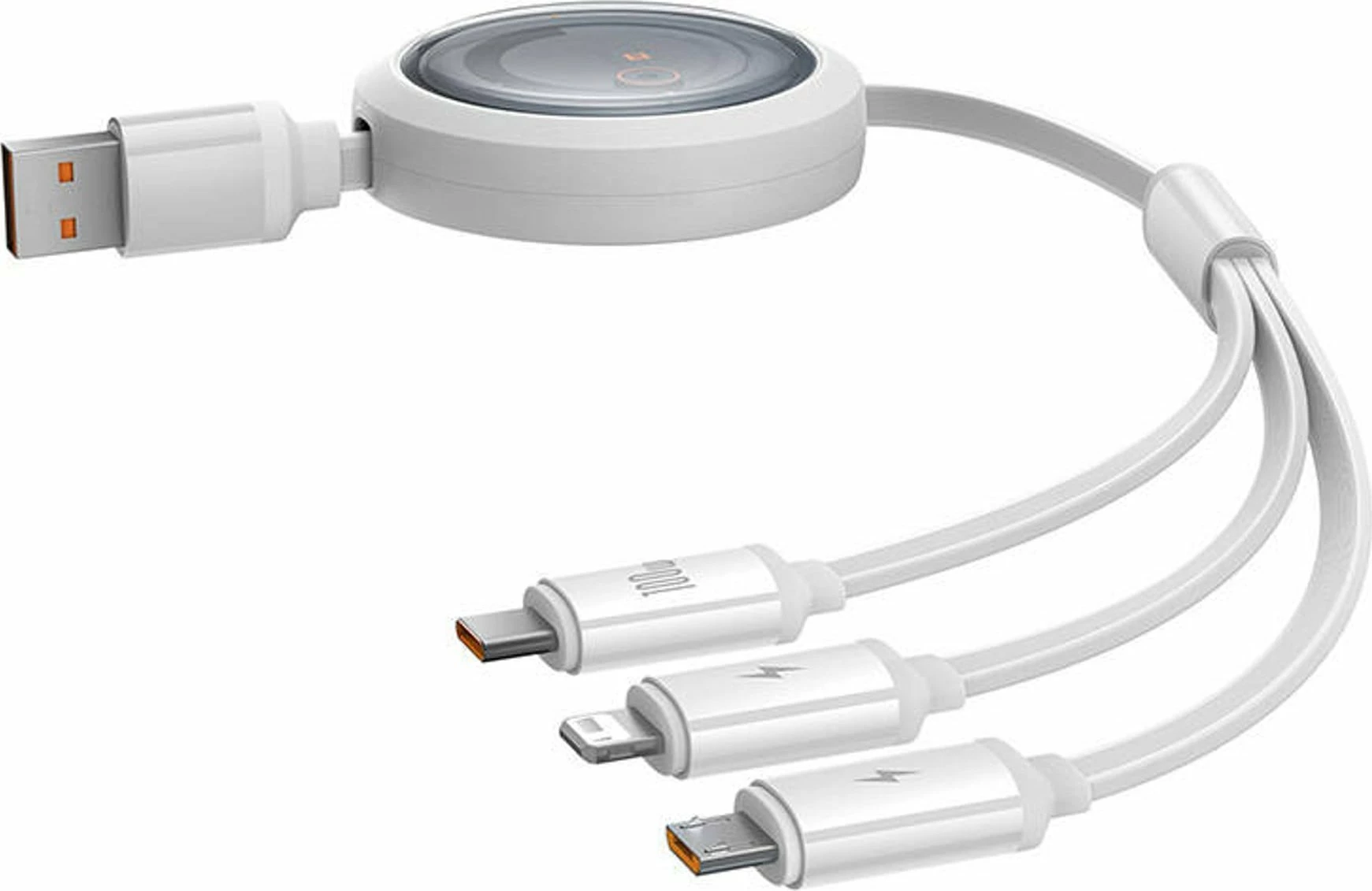 Kabllo USB-A në USB-C + microUSB + Lightning Baseus Free2Draw 1.1 m 100W e rrotullueshme White