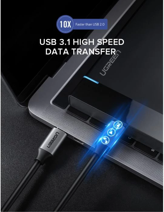 kabllo USB-C në USB-C UGREEN 50751, USB 3.1 Gen1, PD 100W, 5Gbps, 4K@60Hz, 1.5m, e zezë/gri