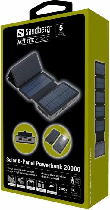 Powerbank solar SANDBERG 420-73 20000 mAh 6 panele USB-C PD 20W IPX4, e zezë, set me karabinë + kabllo USB-C