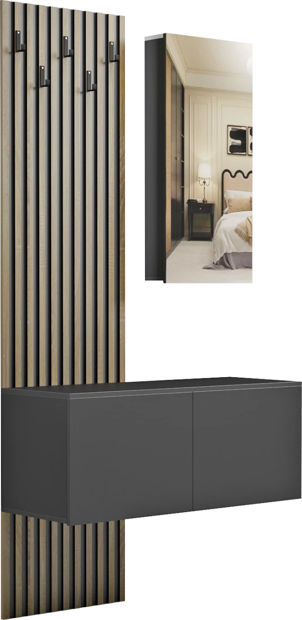 Set mobiljesh për hyrje me pasqyrë, MYLES, FH18080.02, melaminë, sonama-e zezë, 100x37.1x199.5H cm