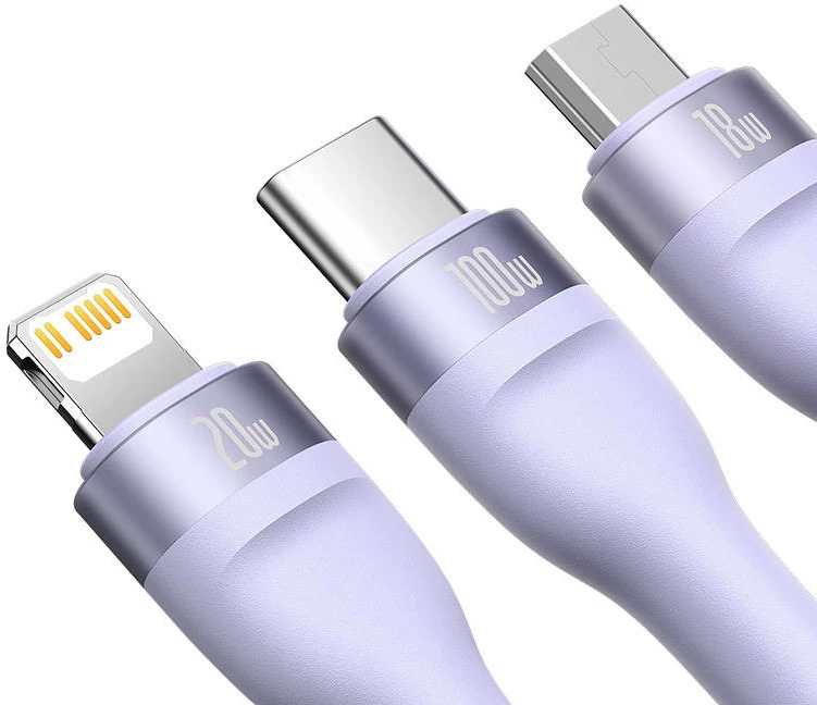 Kabllo 3-në-1 Baseus Flash Series 2, 1.2m, USB-C + micro USB + Lightning, 100W, vjollcë