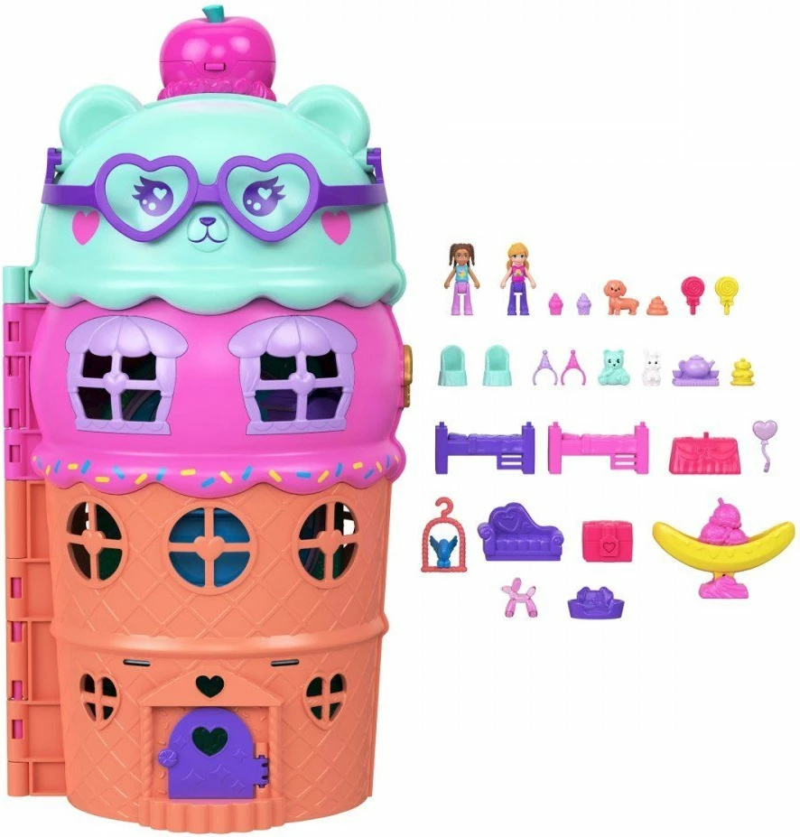 Shtëpizë kukullash Mattel Polly Pocket Ice Cream Cone House JFT91, 4 kate, me pishinë dhe ashensor, shumëngjyrëshe, set me 2 mikro kukulla + 25+ aksesorë