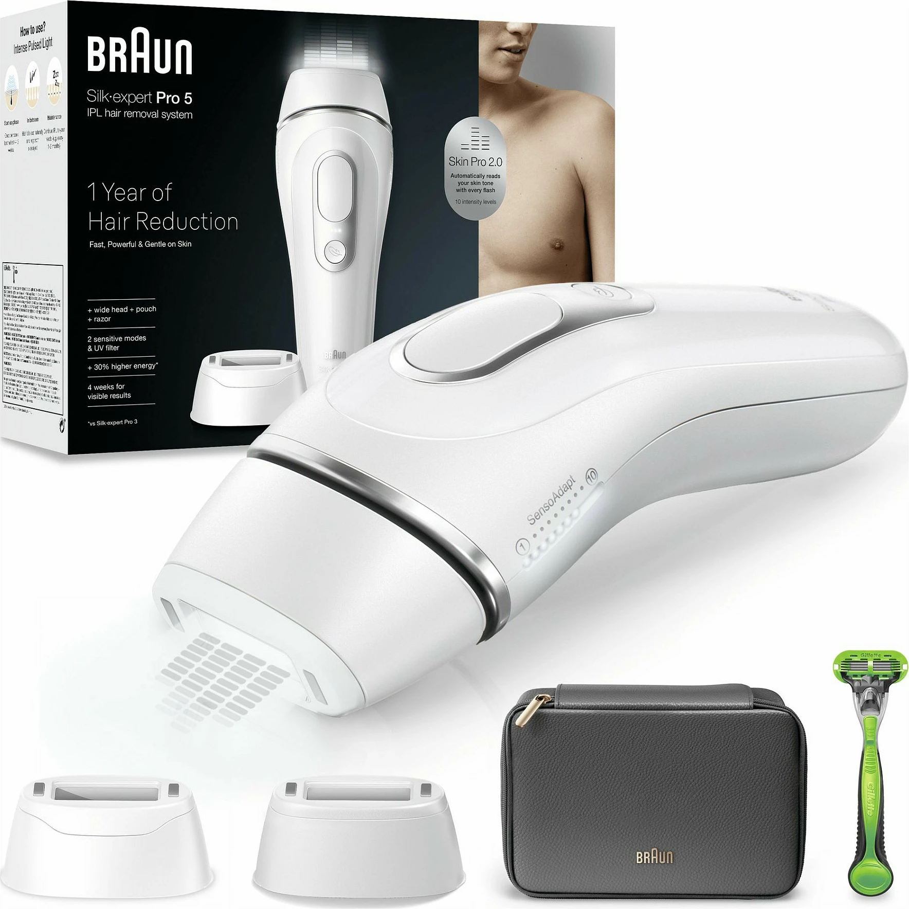 Depilator IPL Braun Silk-expert Pro 5 PL5145, 400000 impulse, 10 nivele, me çantë dhe makinë rroje, i bardhë