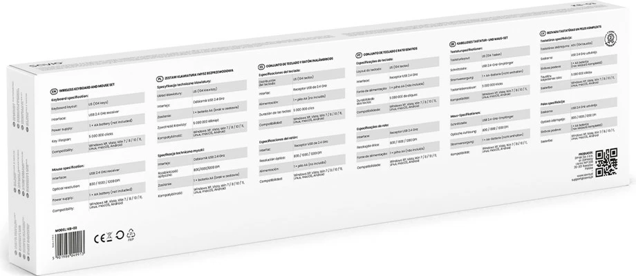 Komplet tastierë dhe maus pa tela, Savio, KB-03, 2.4 GHz USB receiver, layout US 104 taste, DPI 800-1200, e zezë