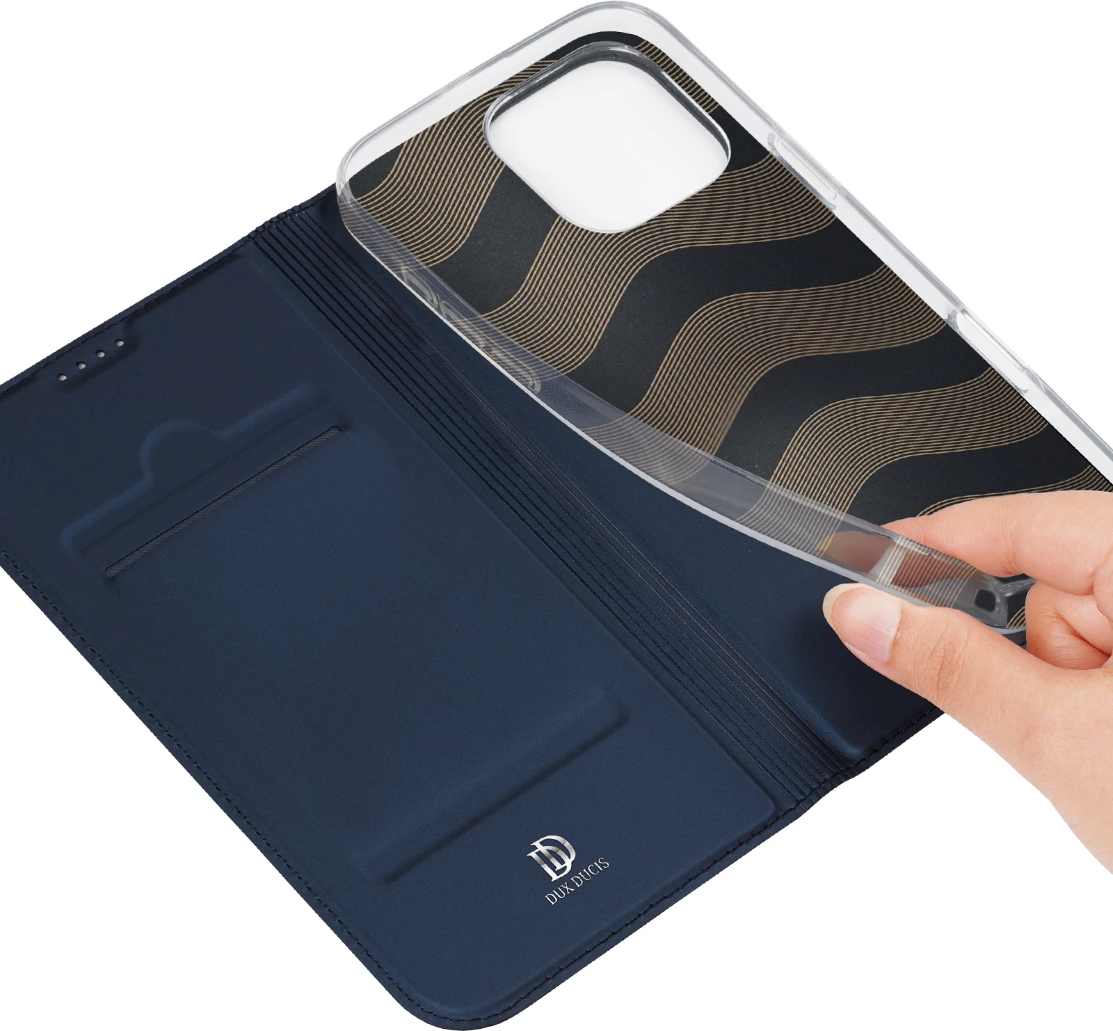 Mbështjellës Dux Ducis Skin Pro për iPhone 16 Pro Max, me kapak dhe xhep për kartela, kaltër