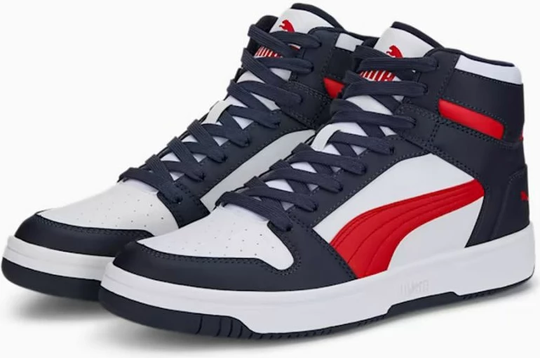 Atlete Puma për meshkuj, të bardha me të kuqe dhe blu marine