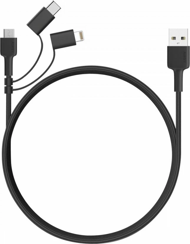 Kabllo USB Aukey CB-BAL5 1.2 m 3-në-1 USB-A në USB-C/Micro USB/Lightning, e zezë