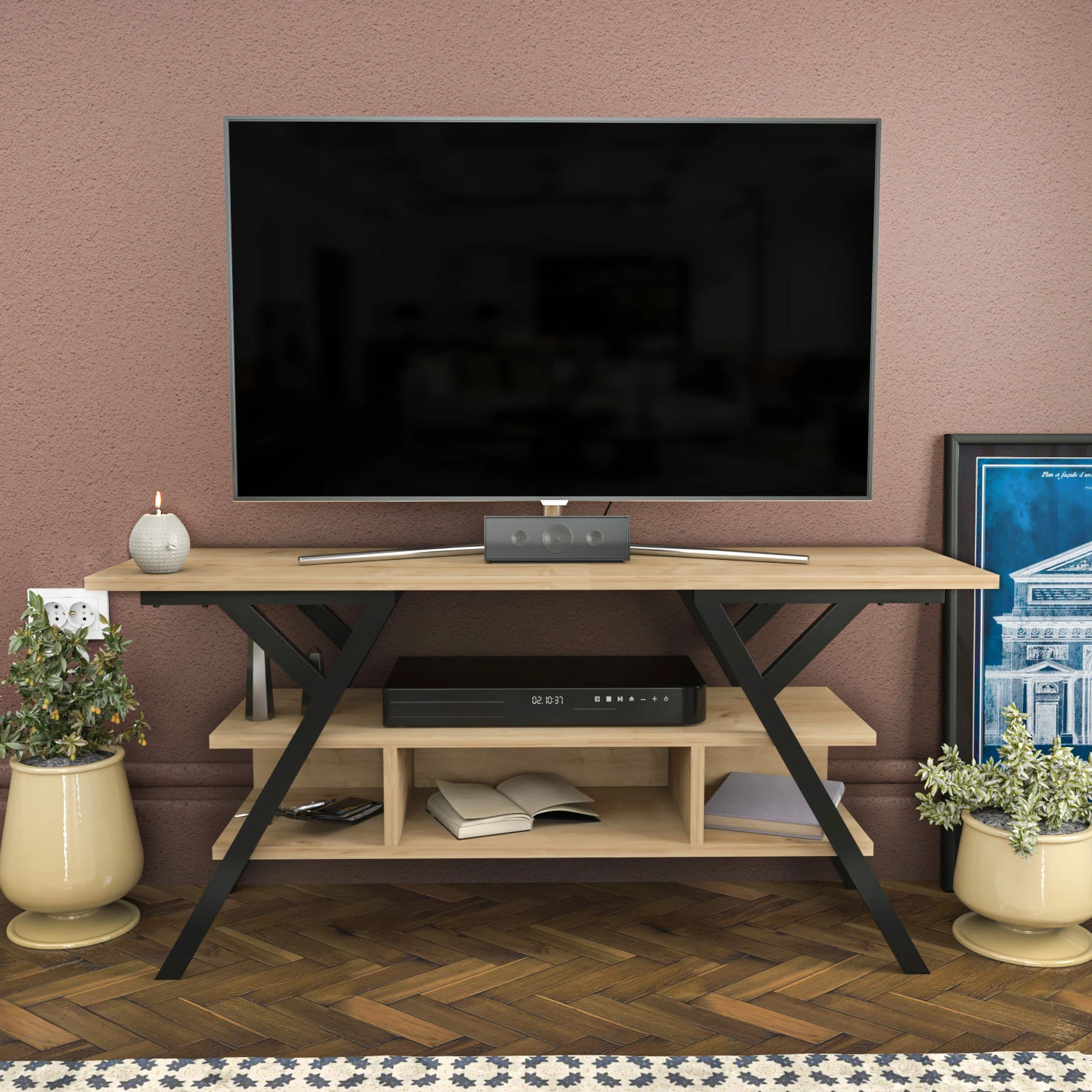Komodinë TV Skye Decor, Minerva, e zezë dhe lis