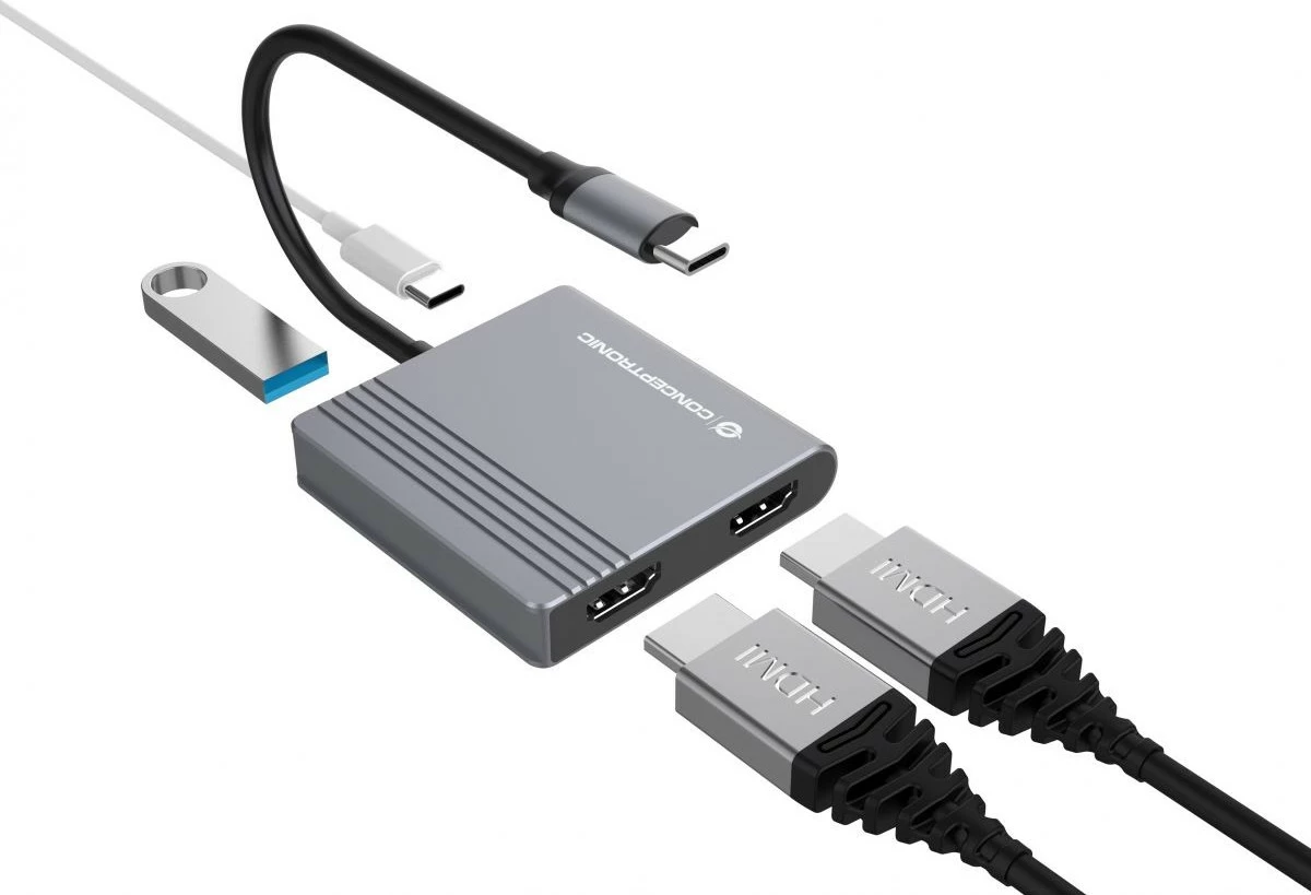 Dock Conceptronic 4-1 USB-C, 2x HDMI, USB 3.0, 100W PD, 25cm, gri