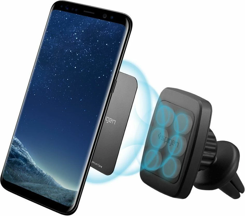 Mbajtëse telefoni magnetike për veturë Spigen H12 000CD20115, për grilë ventilimi, universale 3.5–7.0\", 360°, set 2 pllaka metalike + 2 filma mbrojtës, e zezë