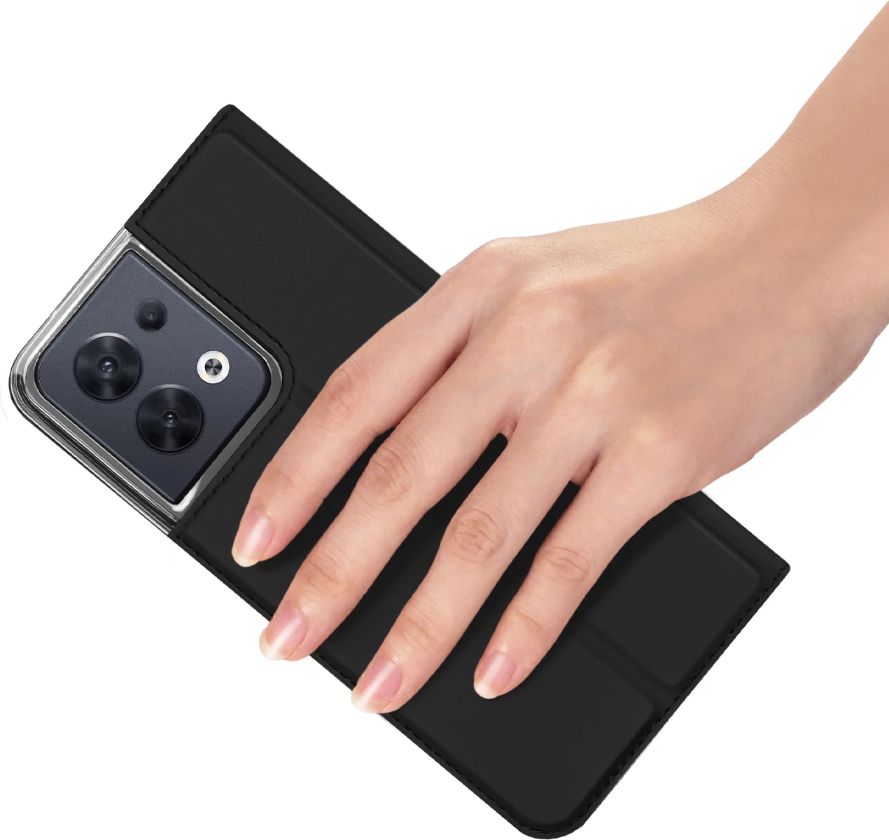 Mbështjellës Dux Ducis Skin Pro për Oppo Reno 8, me kapak, xhep kartelash dhe qëndrim, i zi