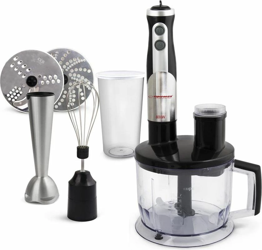 Blender dore Esperanza Crema EKM004 800W, ene 600 ml, set me grirës dhe rrahëse, zi/argjend